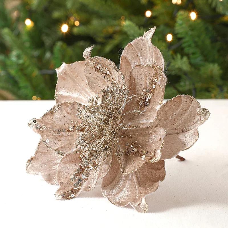Christmas Flowers Glitter Artificial Flower Xmas Tree Hanging Ornaments DIY Garlands Home Wedding New Year Party Decoration Gift