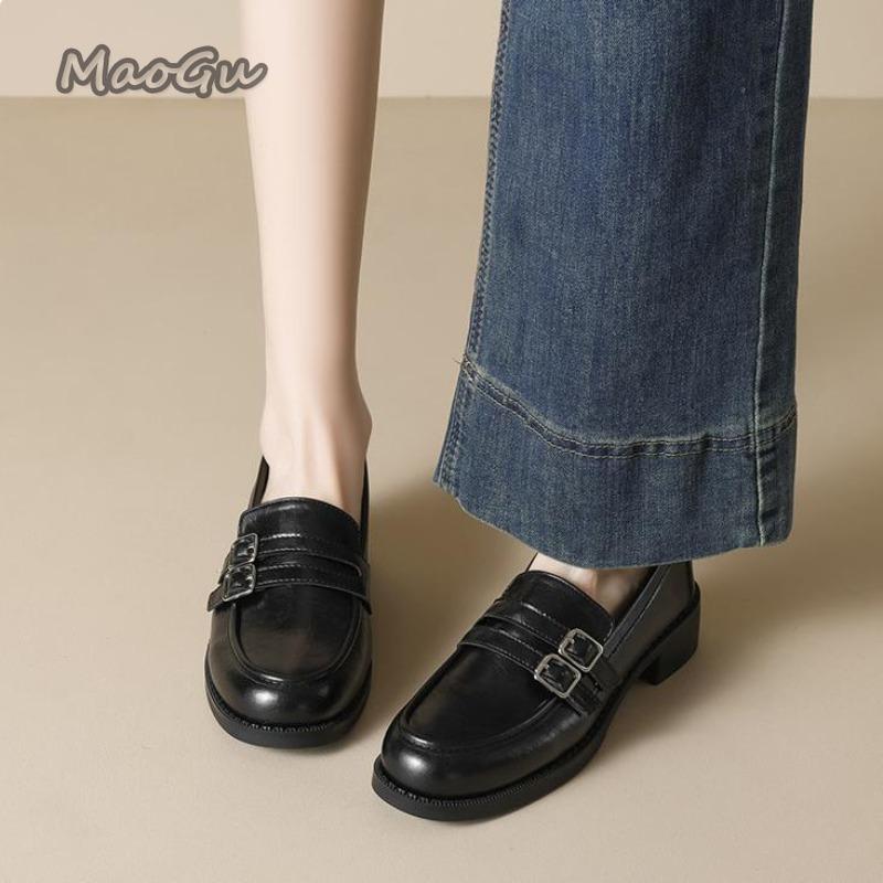 Fashion Thick Soled Loafers for Women Spring Autumn Black Single Shoes Elegant Office Ladies British Style Shoes Leather Mid Heel Pumps