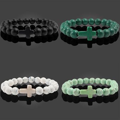 Simplicity 1PC Jewelry Natural Stone Cross Gift Prayer Bracelet Men Women Matte Beaded Bracelets Handmade Charm