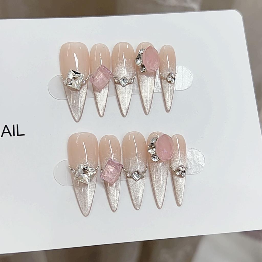 Pure Hand-made Phototherapy Wear Nail Tablets Cat Eye Pink Melody Wear Nail Finished Product Reusable Nail Patches
