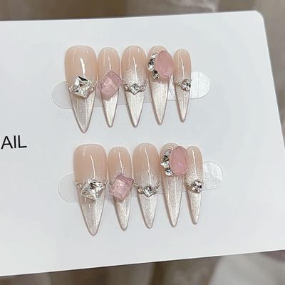 Pure Hand-made Phototherapy Wear Nail Tablets Cat Eye Pink Melody Wear Nail Finished Product Reusable Nail Patches