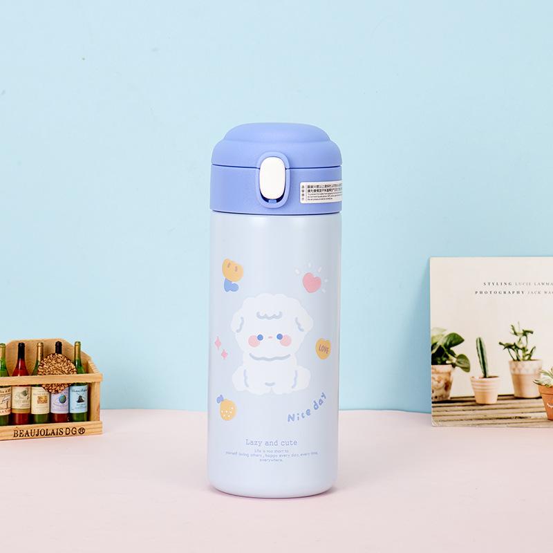 380ml Cute Cartoon Animal 304 Stainless Steel Water Bottle, One Click Pop Up Straw Insulated Thermos for Kids Girls Students