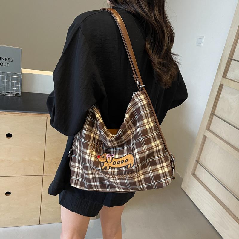 Large Capacity Backpack Women's Commuter Bag Plaid Tote Bag Cartoon Dog Shoulder Bag