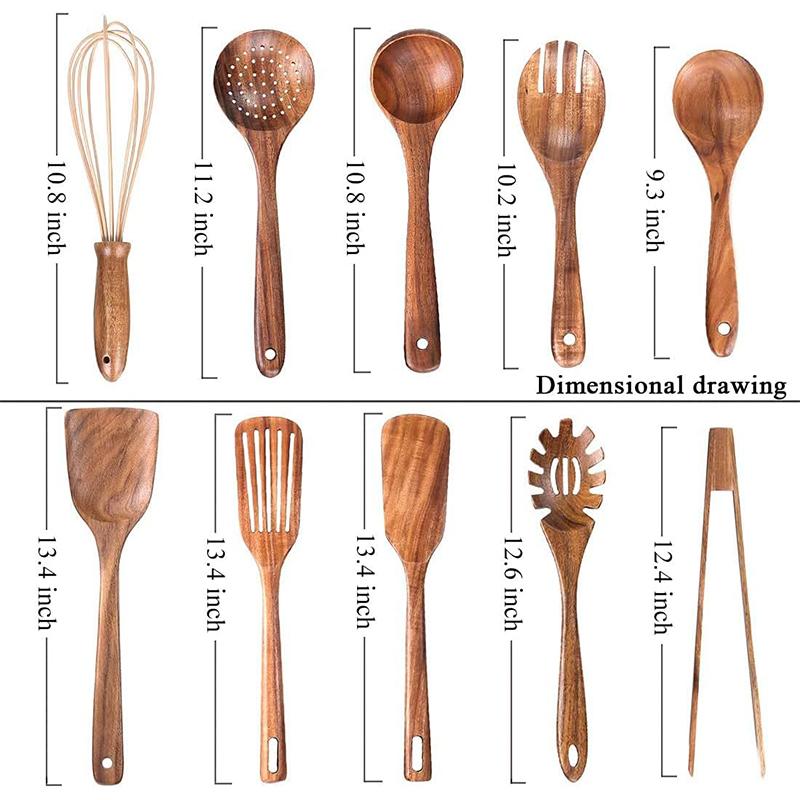 Lot de 10 Ustensiles de Cuisine en Bois de Teck Naturel Ensemble de Cuillères en Bois Spatule Ensemble d'Ustensiles de Cuisine Pour Cuisiner Pâtisserie Jt503