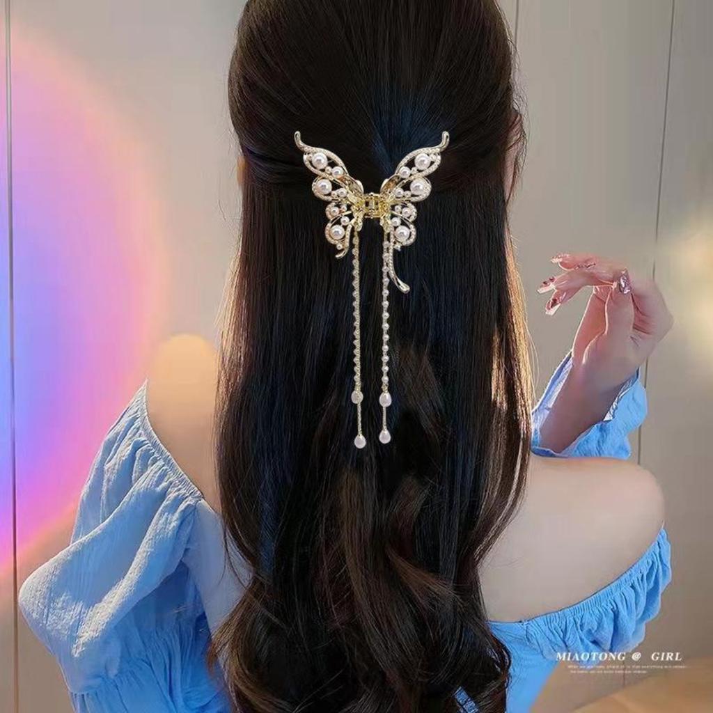 1 Pcs Fashion Exquisite Artificial Pearl Tassel Crystal Butterfly Hair Claws For Women Girls Party Hair Accessories