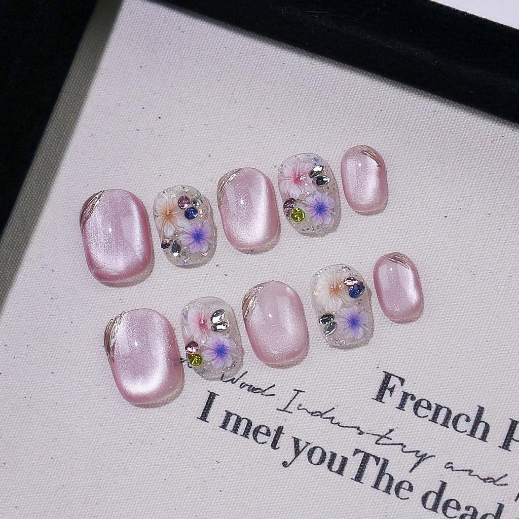 10 Pcs High End Handmade Purple Dried Flower Cat Eye Press On Nails Detachable Fake Nails For Women Girls Daily Party Wear