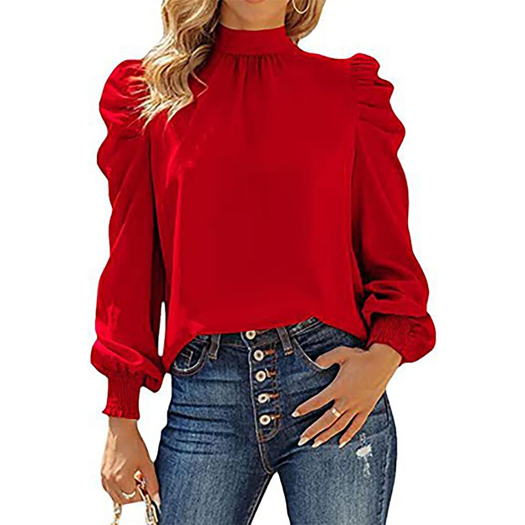 Women's And Winter Long Sleeve High Collar Bubble Long Sleeve Casual Loose Shirt Shirt