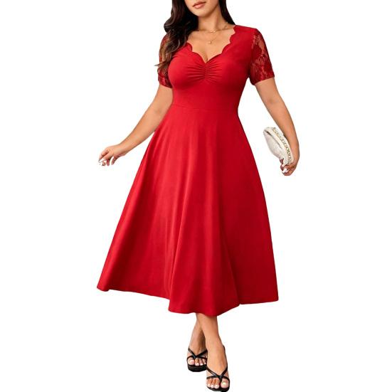 

Plus Size Formal Dress for Women Lace Short Sleeve A-line Dress Mother of The Bride Wedding Guest Evening Gown M красный