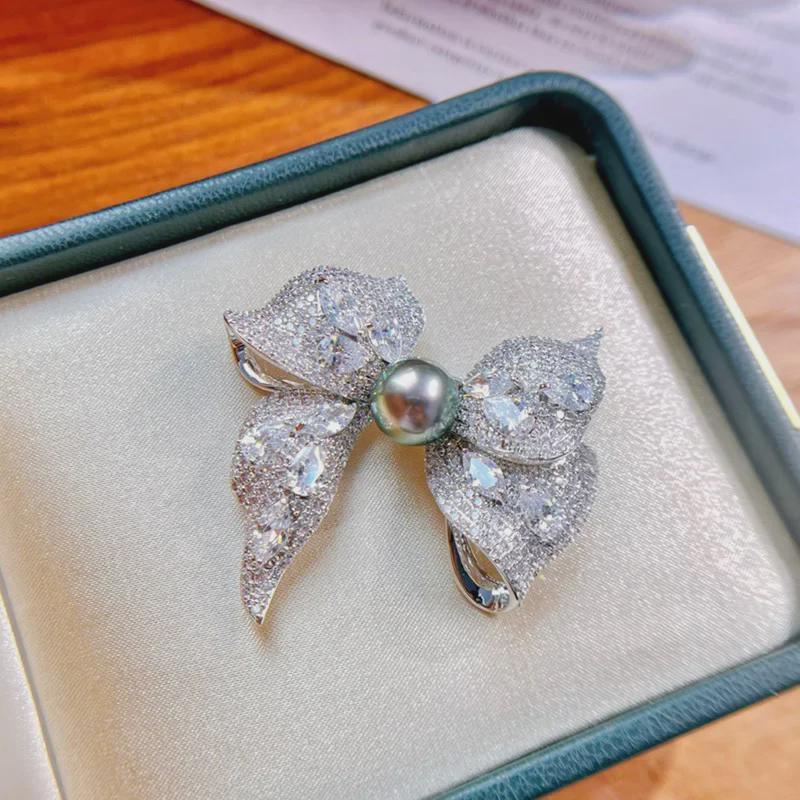 DIY High-Grade Light Luxury Bow Brooch with Gold-Plated Copper, Colored Zircon, and Pearl