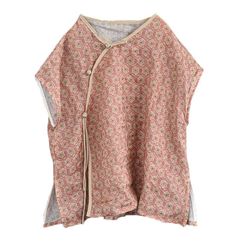 Johnature Women Shirts V-Neck Sleeveless Print Floral Loose Blouse Summer Button Chinese Style Vintage Shirts