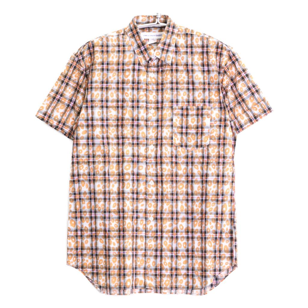 COMME Des GARCONS SHIRT S20031 Orange Cotton Check X Leopard Print Short Sleeve Shirt Tops M Orange blackUsed