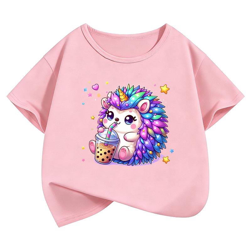 Funny Colorful Hedgehog T-Shirt Printed T Shirt Girls' Summer Clothes Short Sleeve Tops T-Shirts Cute Kids Clothing