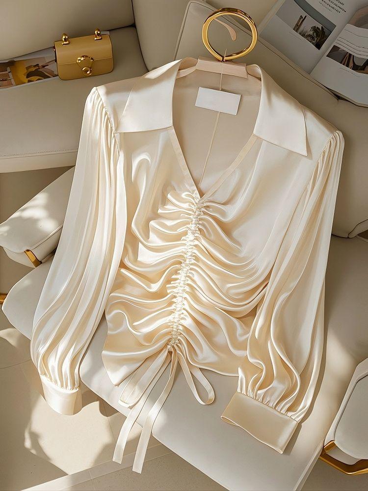 Early Autumn New Trendy Pretty Little Shirt French Top Shirt Champagne Vinegar Long Sleeved Shirt Women's Summer