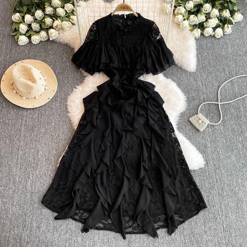 

Нежное платье феи Длинное платье для дам Элегантное кружевное с круглым вырезом Отделка талии Приталенное А-силуэт Рюши Летнее Black All yards