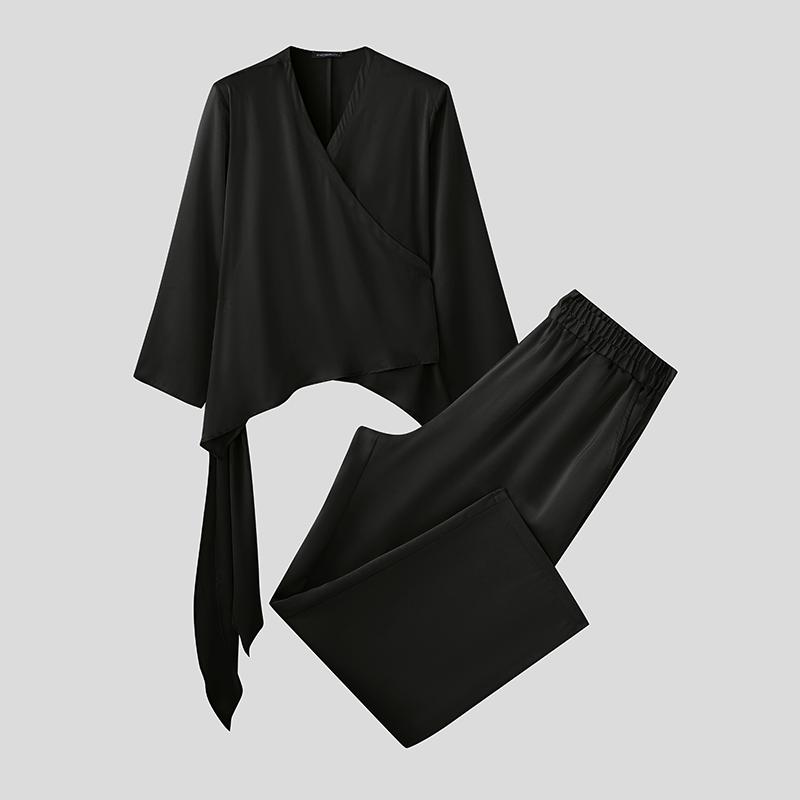 INCERUN 2PCS Men Long Sleeve Irregular TopsLong Straight Pants Sets Two Pieces Outfits