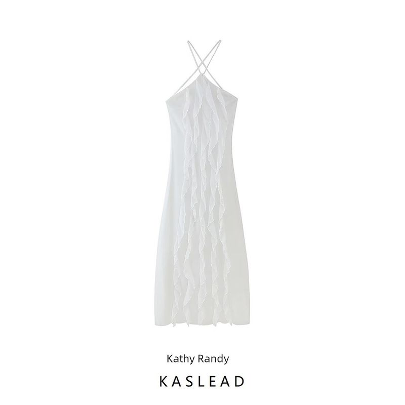 Kaslead New Women Clothes Western Style Fashion Simple Slimming Frill Hanging Neck Lace-up Dress
