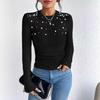 European and American Cross-border Foreign Trade Women's Clothing Autumn Elegant Pearl French Pit Ribbed Top Beaded Long-sleeved Crew Neck Bottoming