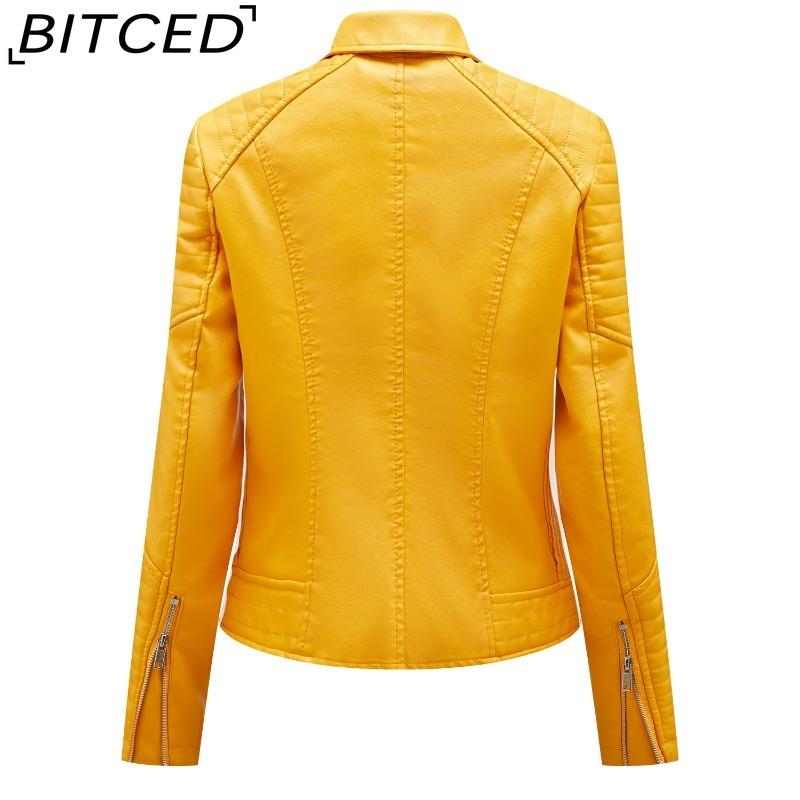 BITCED Spring/Autumn Short-Length Leather Jacket for Women Slim-Fit Collared Biker Jacket with Diagonal Zipper