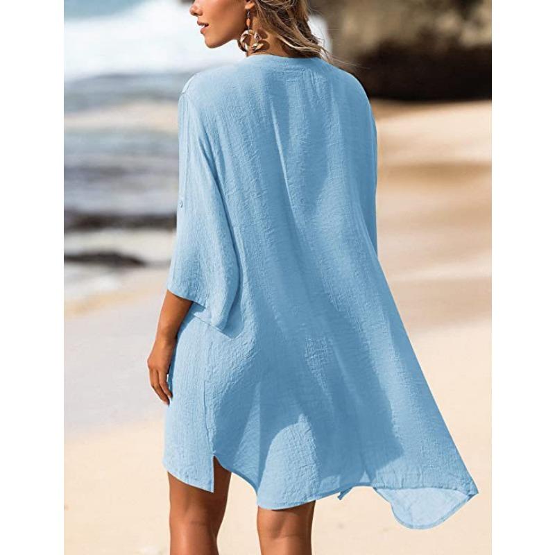 Sommer Damen Übergröße Strickjacke Hemd Bluse Kleid Mini Kurzes Kleid Sonnenschutz Strandhemd