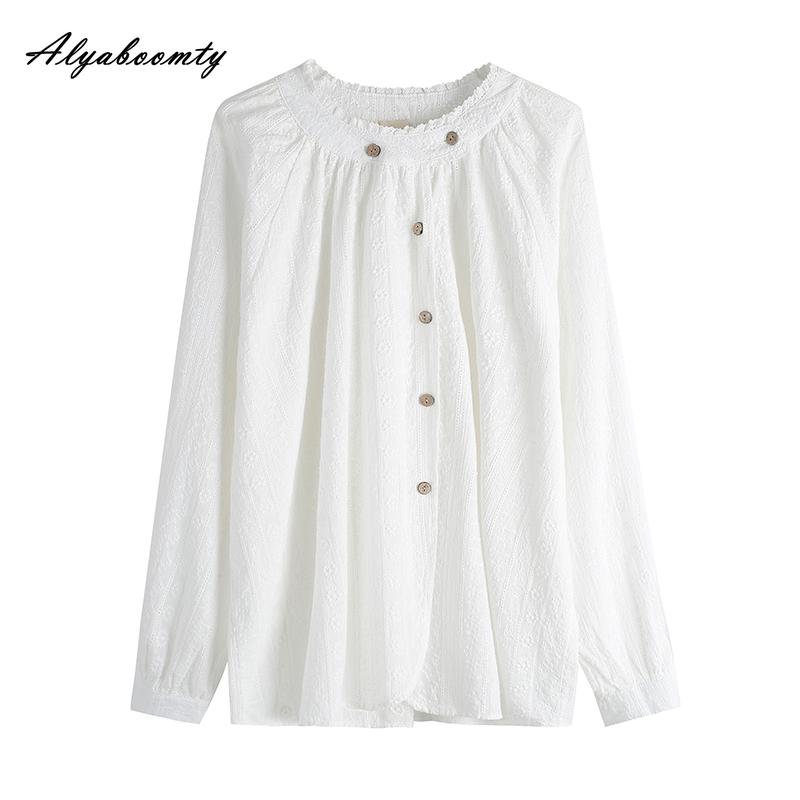 Japanese Mori Girl Spring Autumn White Blouse O Neck Loose Jacquard Cotton Shirt Lantern Sleeve All-Match Ladies' Blouse