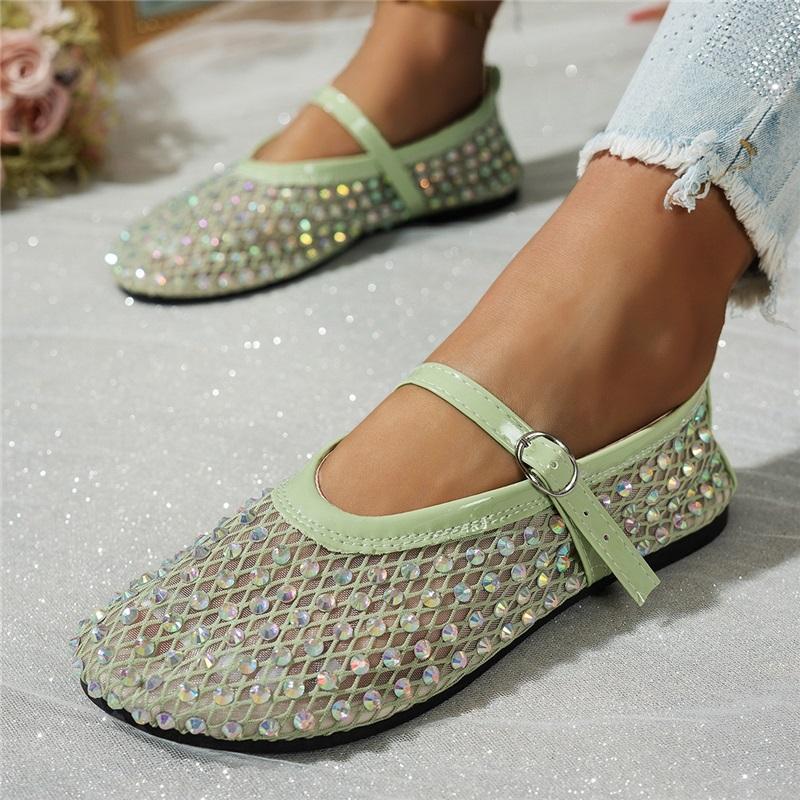 Women's Fashion Flat Shoes, Summer New Mesh Rhinestone Mary Jane Shoes, One Buckle Casual Flats