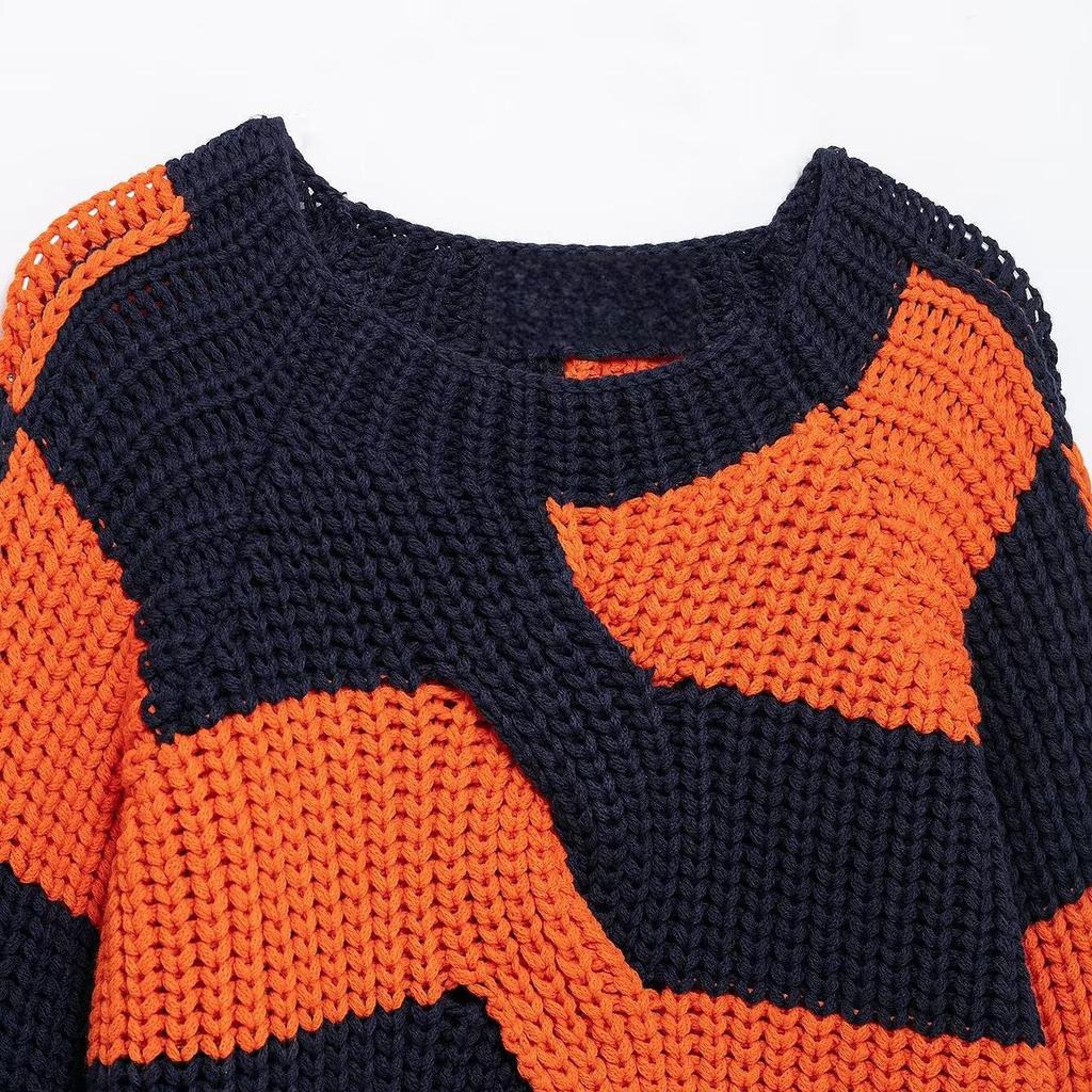 2025 Spring Women's Striped Patchwork Loose Knit Sweater Top