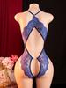 Navy Blue Crotchless Sexy Lingerie Women Hollow Bodysuits Erotic Costumes Teddies Babydoll Deep V Open Bra Female Porn Underwear