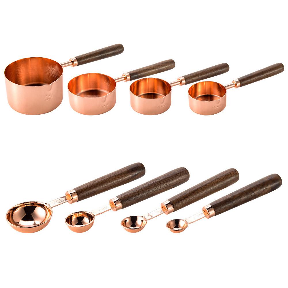 4/8 Pezzi Utensili da Cucina per la Cottura Stampini per Dolci Utensili di Misurazione e Bilance Set Tazze e Cucchiaini Dosatori in Acciaio Inossidabile Con Manico in Legno