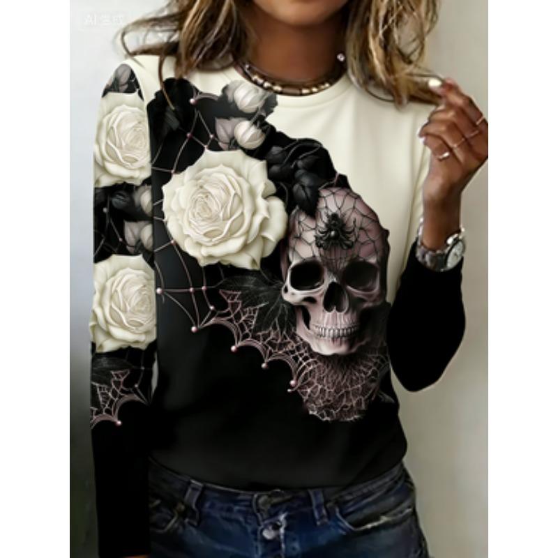(Halloween neuer Stil) Rundhals-T-Shirt mit Totenkopf-Blumen-Print und langen Ärmeln