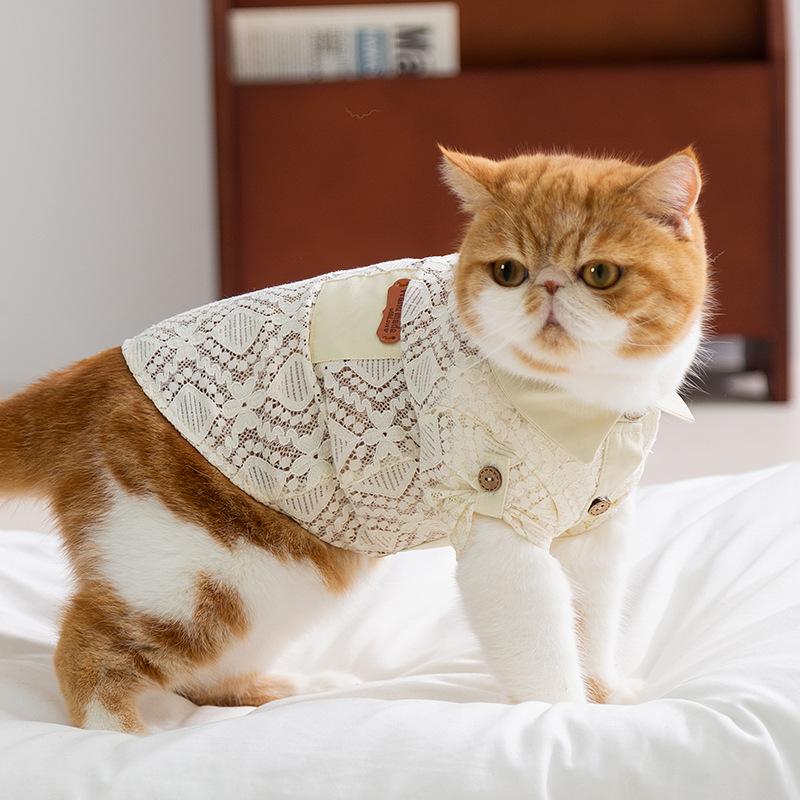 Cat clothes spring and summer breathable lace pocket shirt collar vest blue cat hairless cat kitten puppy pet clothing