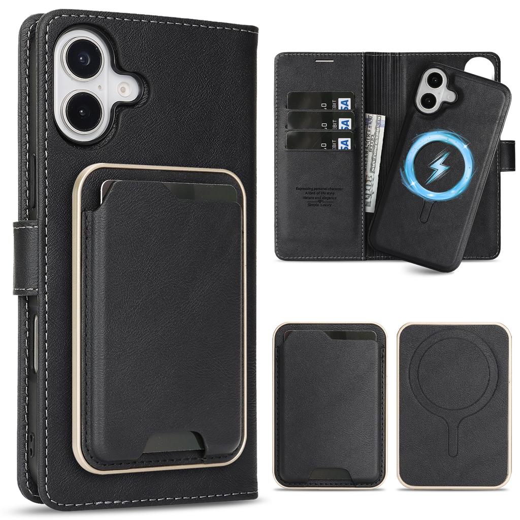 3 in 1 Detachable Magnetic Wallet Leather Case For iphone 16 Pro Max 15 Plus 13 12 16E Cash Cards Holder Bag For Magsafe Cover
