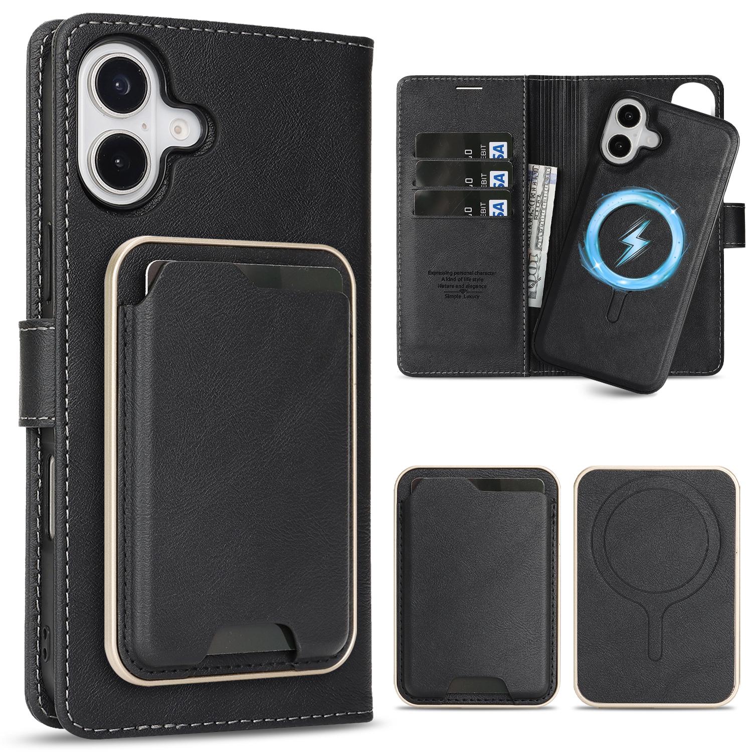 

3 in 1 Detachable Magnetic Wallet Leather Case For iphone 16 Pro Max 15 Plus 13 12 16E Cash Cards Holder Bag For Magsafe Cover iPhone 12 чёрный