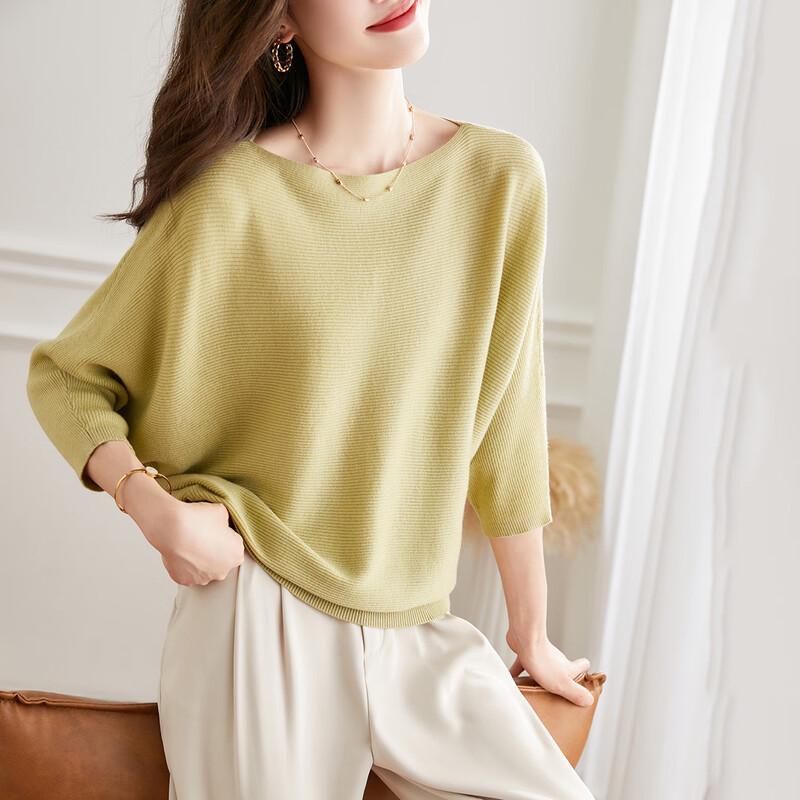 Srcr Women s Round Neck Loose Fit Mid-Sleeve Wool Knit Sweater One Size
