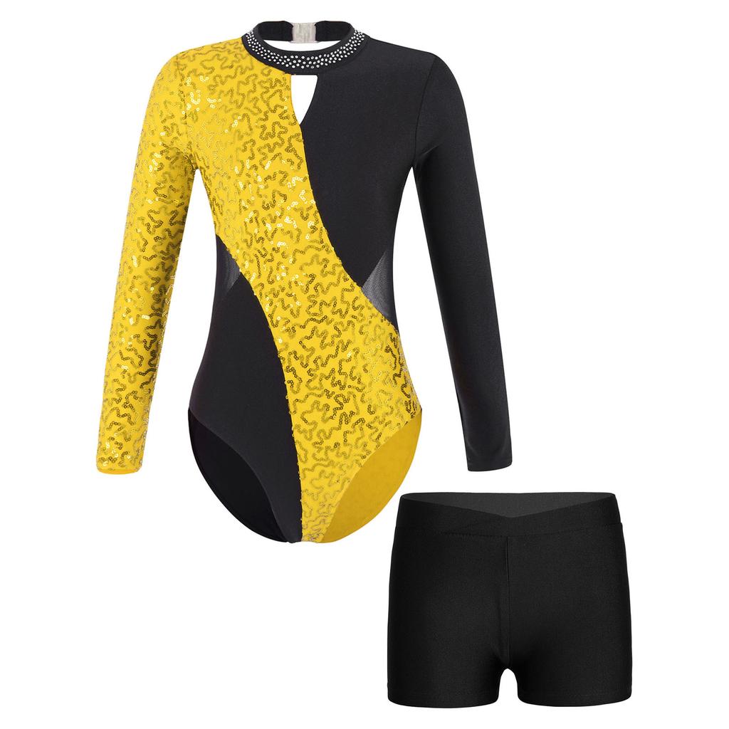 Купальник із блискучим декором із блискучими паєтками з довгими рукавами та шортами Одяг для катання на ковзанах для танцювальної гімнастики