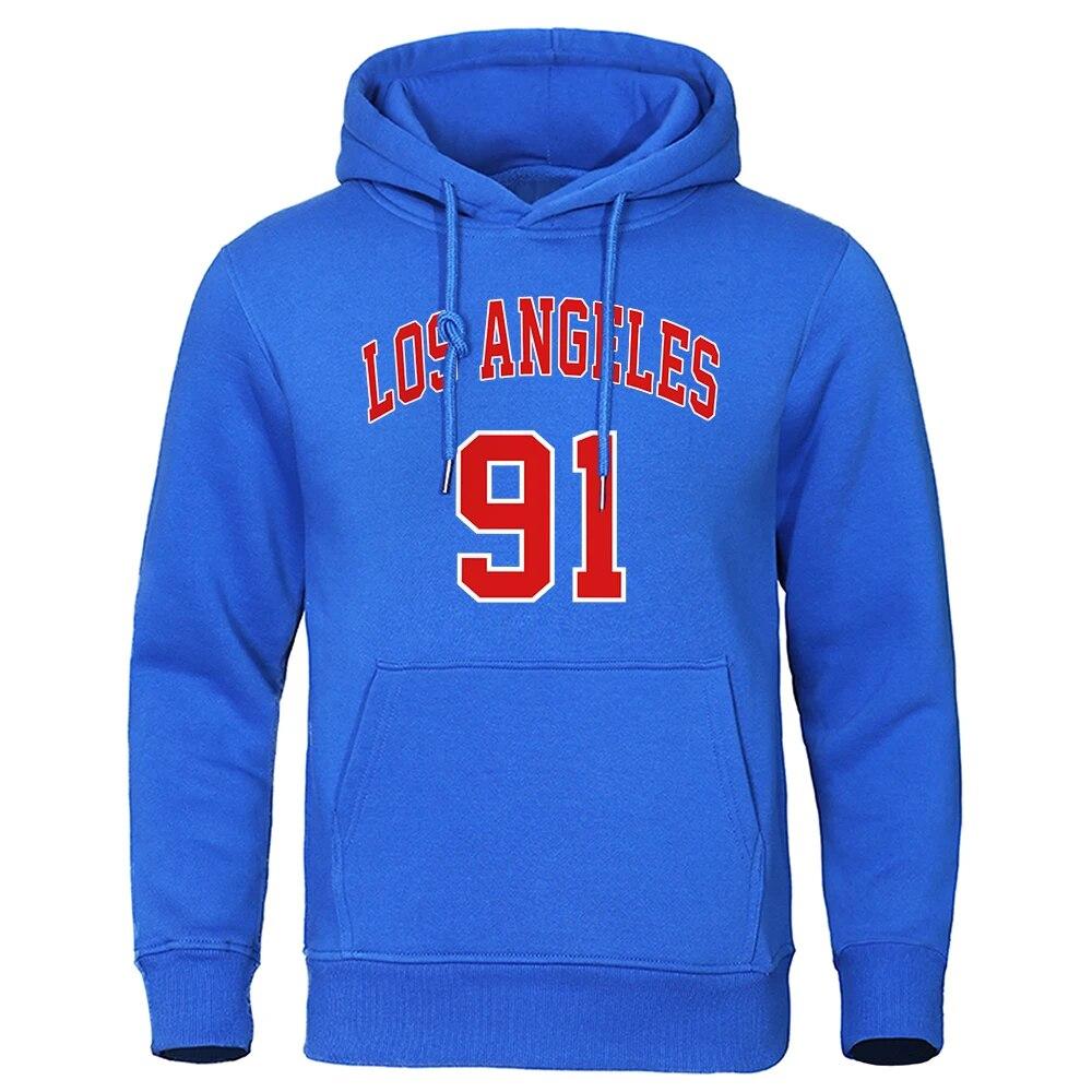 Los Angeles 91 Team Uniform Print Hooded Autumn Fleece Pullovers Oversized Loose Streetwear Comfortable Sweatshirts Fashion