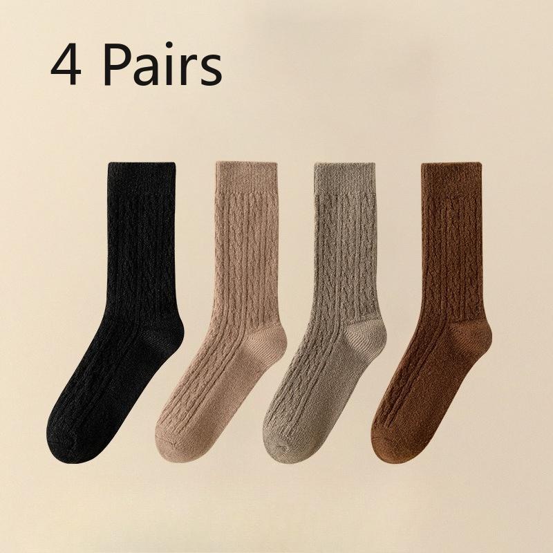 4 Pairs Autumn and Winter Socks, Women's Mid-calf Socks, Wool Imitation, Fleece, Thickened, Warm Solid Color, Retro Pile Socks, Postpartum Socks