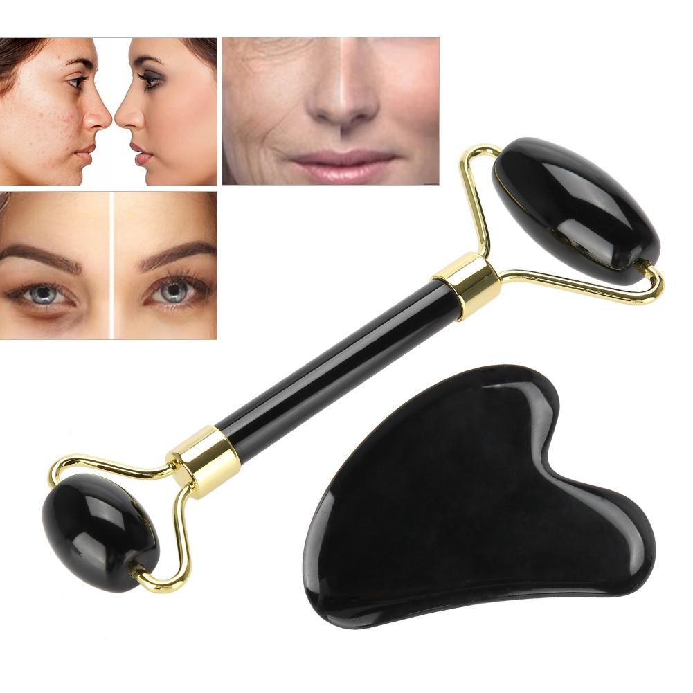 2pcs Set Natural Obsidian Double End Roller Massage & Scraping Board Kit Massage Gift Tool
