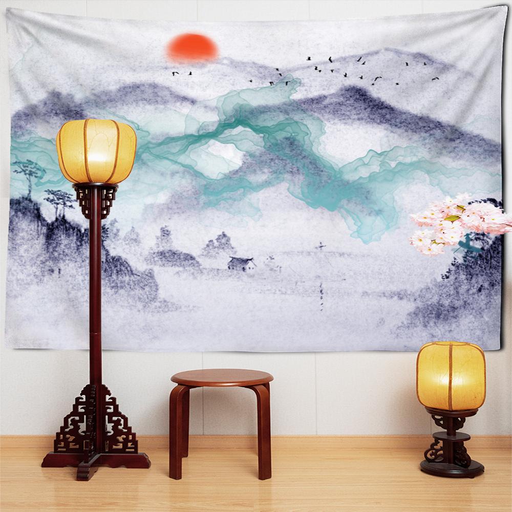 Japansk Kinesisk Sol Landskapsmålning Tapestry Kina Tusch Berg Träd Trädgård Pensel Vägghängning Röd Sol Tapestry Heminredning