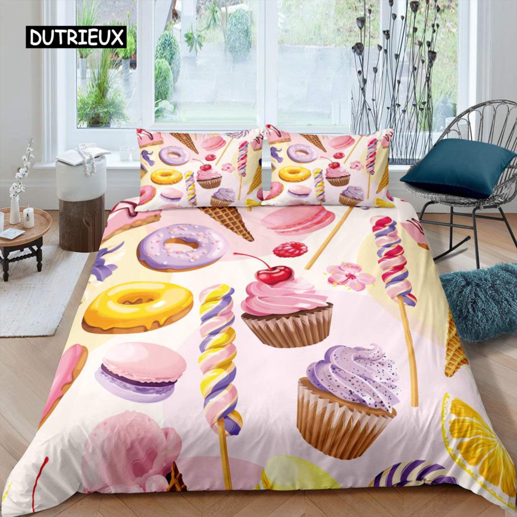 Kreskówkowy Król Królowa Poszwa na Kołdrę Deser Babeczka Lody Zestaw Pościeli Dziecko Szczęśliwe Urodziny Poliestrowa Poszwa na Kołdrę Prezenty dla Dzieci