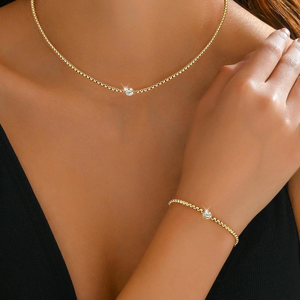 2pcs Set Minimalist Personality Stainless Steel Round Zircon Pendant Necklace Bracelet Set Women's Trendy Commuting Jewelry Sets