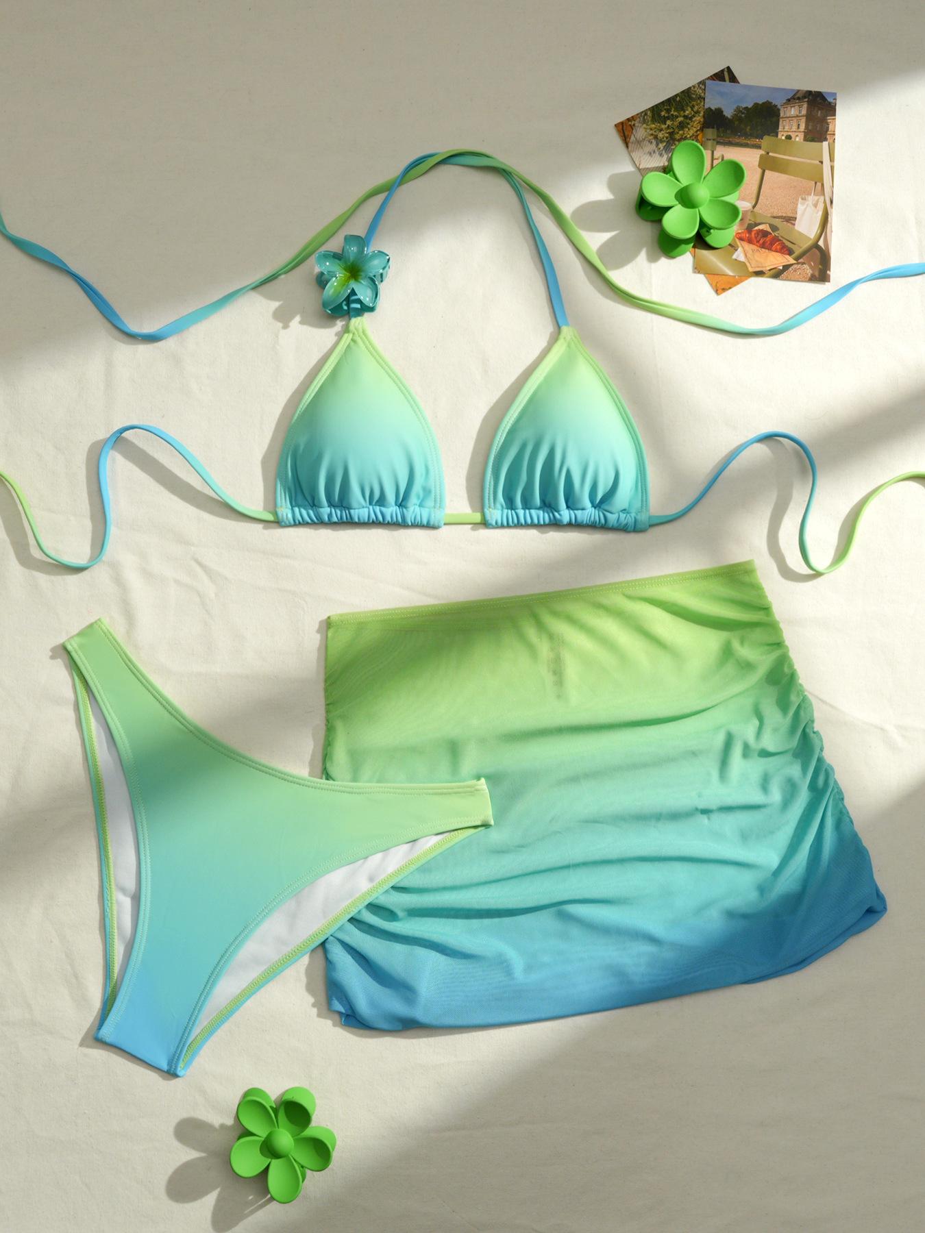

European And American Apron Three-Piece Bikini Gradual Change Color Ribbon Hairpin Swimsuit Women S Swimsuit XL світло-зелений колір