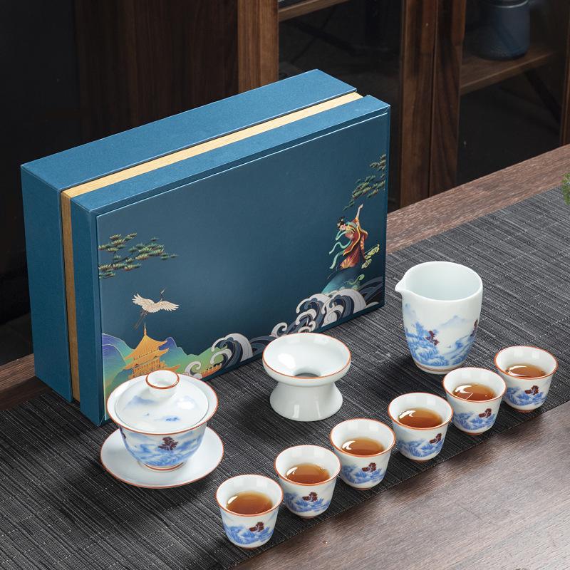 Kung Fu tea set commercial blue and white porcelain simple teacup ceramic tea cover bowl gift box business gift