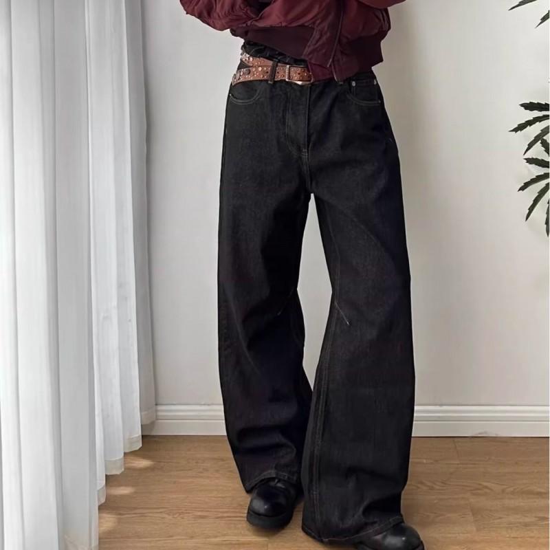 Mens Loose Fit Straight Leg Wide Denim Jeans Black Washed Vintage Style Casual Pants