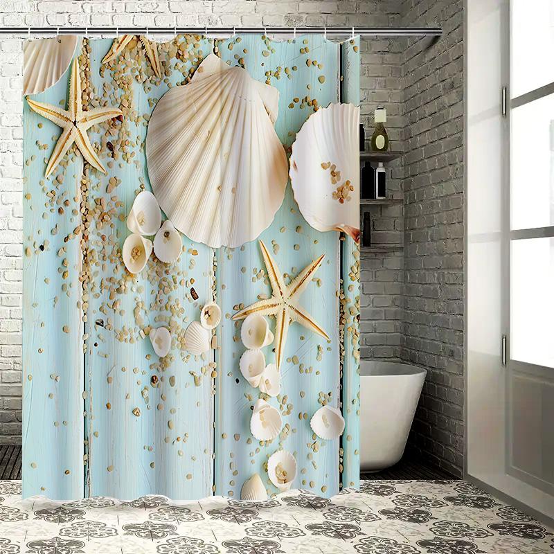 

Beach Theme Shower Curtain Decorative Bathroom Set With Sea Shells And Starfish Design - Elegant And Refreshing Home Decor W60H190(CM)-1 Pcs