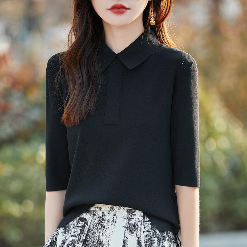 Classic Style Polo Collar Ice Silk Sweater Spring and Summer Updated Versatile Short-sleeved Womens T-shirt Lapel Top