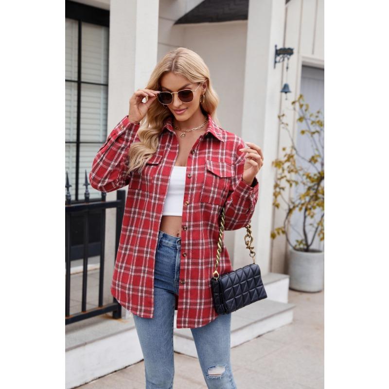 Women S Loose Casual Plaid Pocket Long Sleeve Shirt