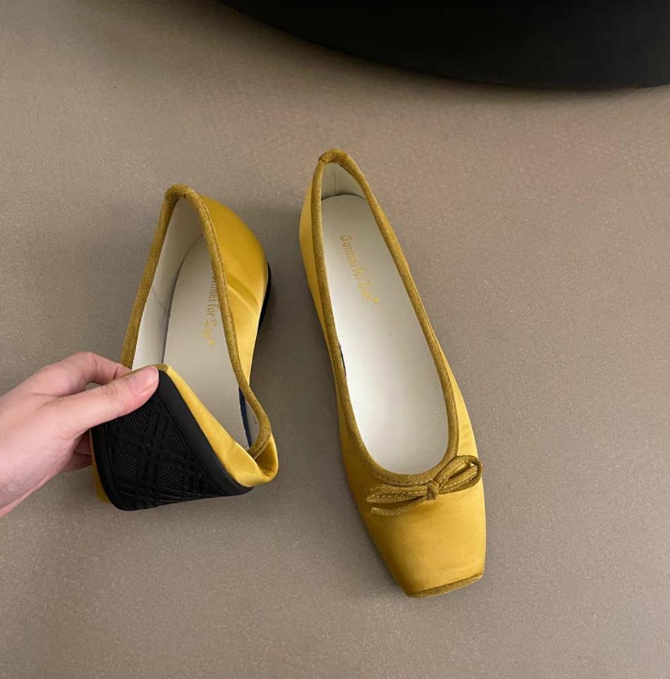 Elegant Woman Silks Bow Flats Fashion Square Toe Shallow Mary Jane Shoes Soft Casual Ballet Shoes for Women Slip On Dress Shoes