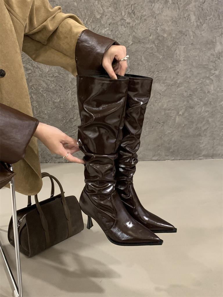 Pointed European and American sexy stacked high-heeled boots thin-heeled pleated boots but knee-high knight boots women