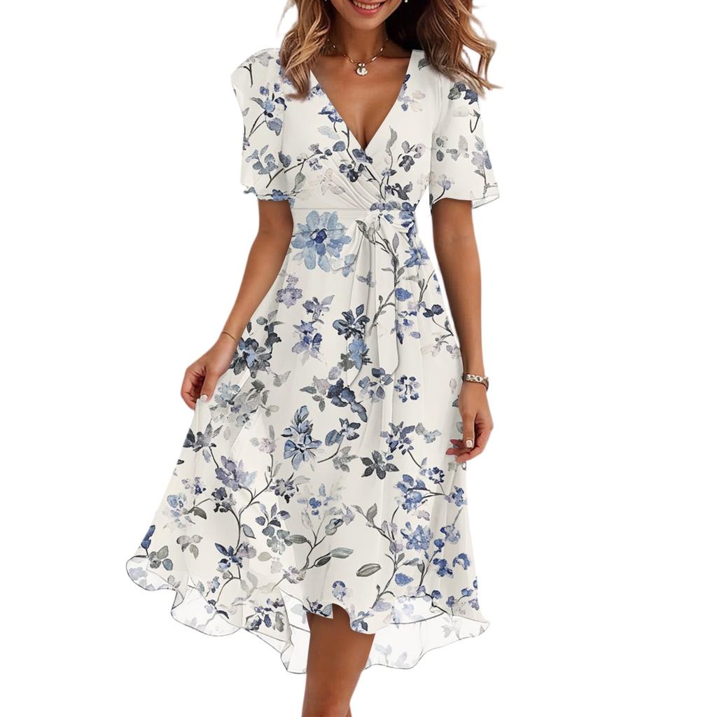 Damenmode Lässig V-Ausschnitt Kurzarm Rüschen Vintage Bedruckte Kleider