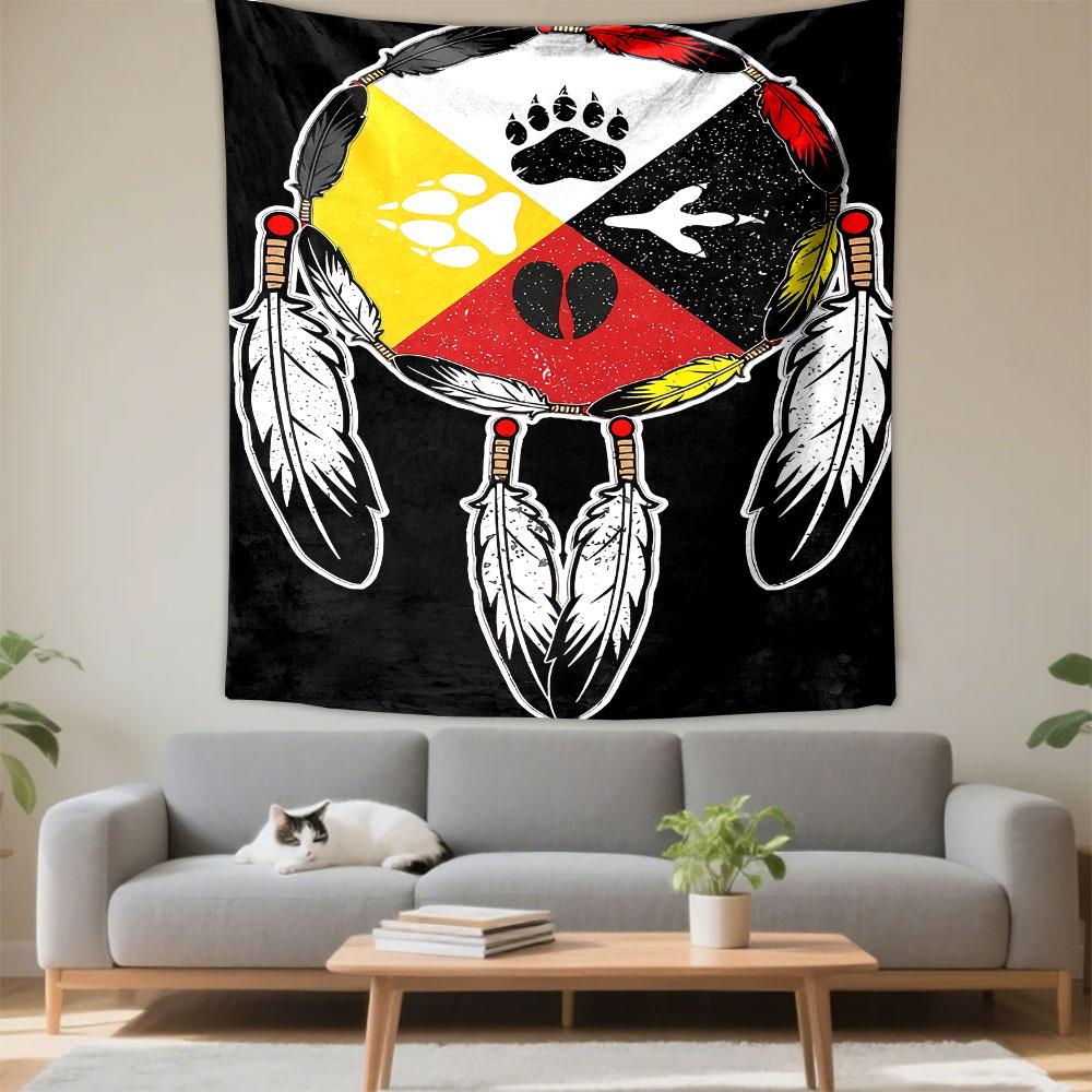 Quartered circle with animal tracks and feathers, in black, red, white, yellow. Patterned tapestry for bedroom and living room home decor